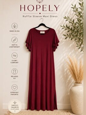Hopely Burgundy Maxi Dress Made in USA Soft Stretchy Pockets Boho Casual Size M